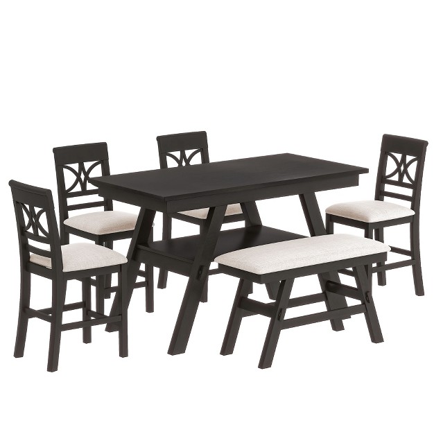 Rustic 6 piece Wood Counter Height Dining Table Set With Storage Shelf 4 Chairs And Bench modernluxe