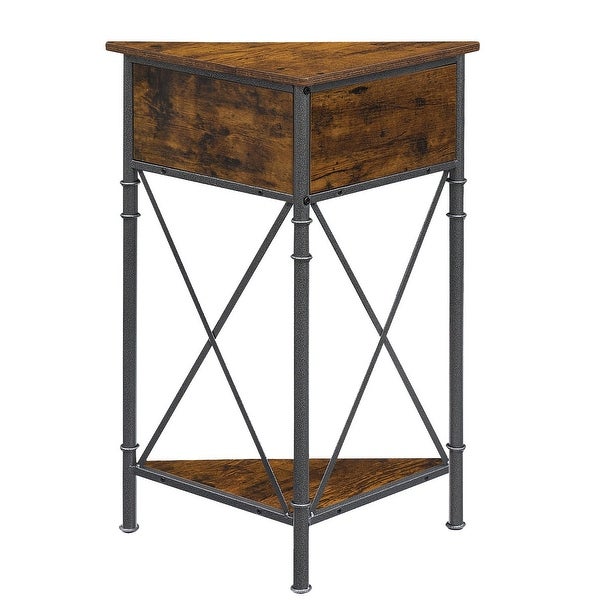 Set of 2 Industrial Triangle Side Table Corner Table with Storage Shelf， Rustic Brown