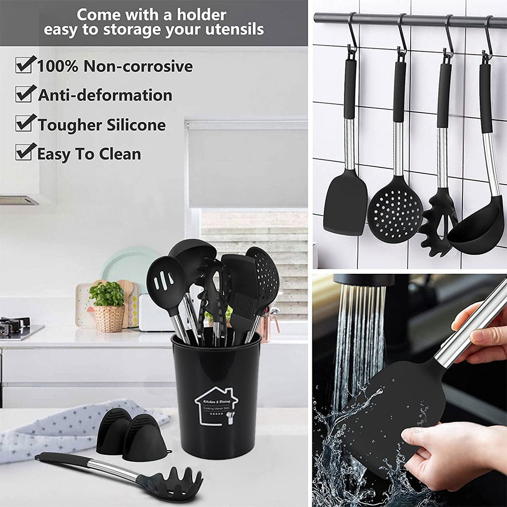 17Pcs Silicone Cooking Utensil Set, Kitchen Utensils Cooking Utensils Set, Food Grade Silicone Spatula Set, Non-stick Heat Resistant Silicone Cookware with Strong Stainless Steel Handle