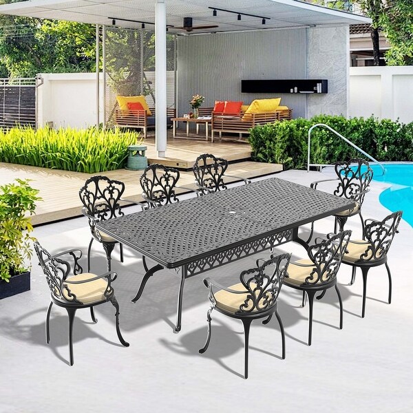 7/9Piece Cast Aluminum Outdoor Dining Set with 82.68'' L X 41.34'' W Rectangular Table and Random Color Seat Cushions