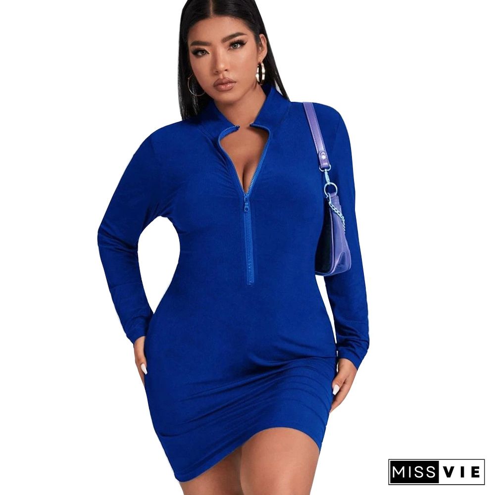 Solid Long Sleeve Zip Up O Neck Casual Dress