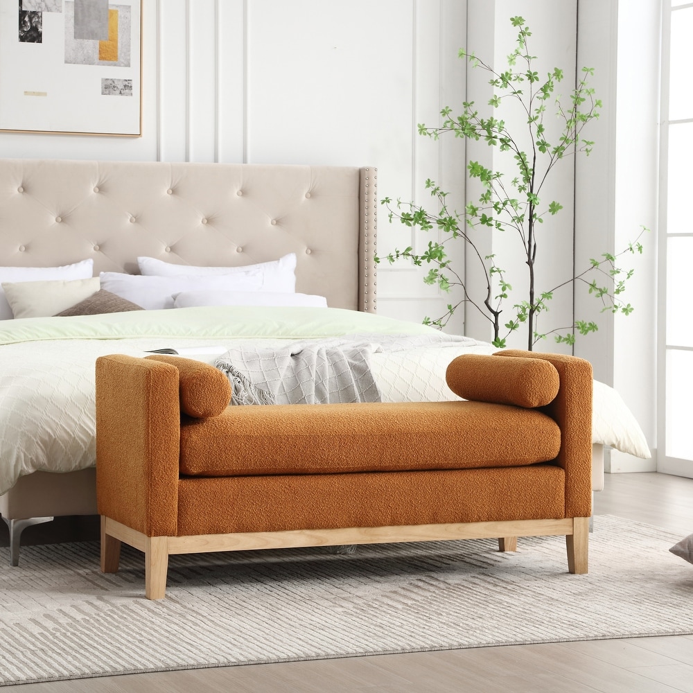 Modern Boucle Upholstered Bedroom Bench With Wood Legs Entryway Bench