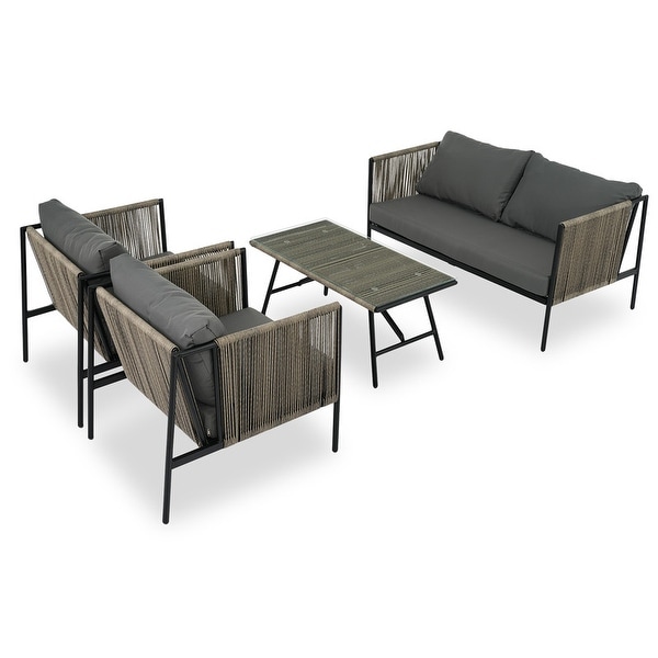 4Pieces Outdoor Conversation Set with Cushions and Glass Table，Patio Accent Chairs Furniture with Loveseat for Garden，Grey