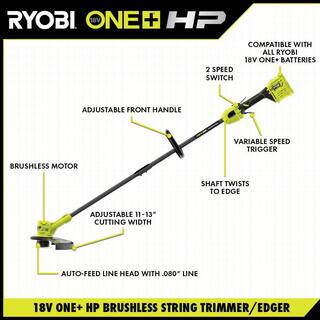 RYOBI ONE+ HP 18V Brushless 13 in. Cordless Battery String Trimmer with (2) 4.0 Ah Batteries and (2) Chargers P20120-BK