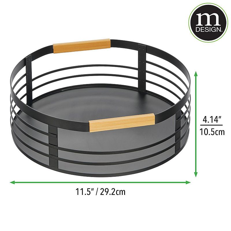 mDesign 11.5 Modern Metal Lazy Susan Turntable Basket Tray with Wood Handle