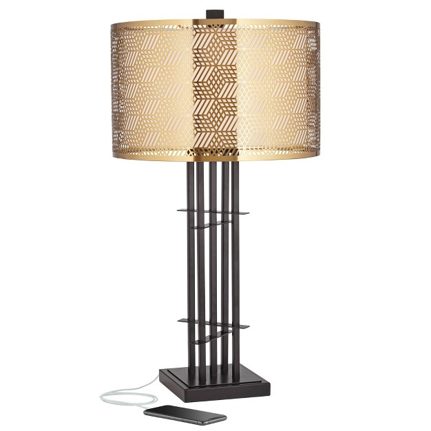 Tall Black With Usb Charging Port Gold Metal Double Drum Shades For Living Room Desk