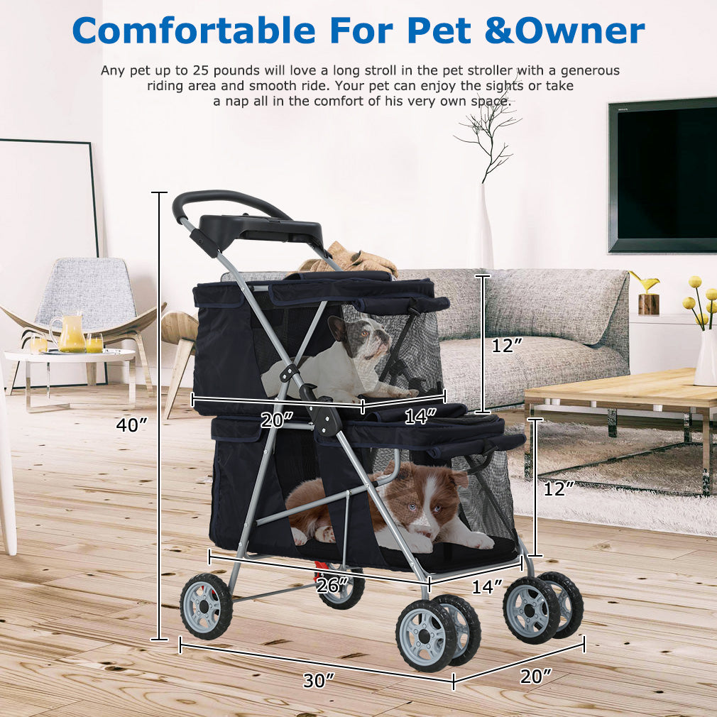 Double Tier Dog Stroller Cat Stroller for 2 Medium Dogs Folding Pet Stroller 4 Wheels Breathable Travel Pet Jogger Stroller with Removable Pad and Cup Holder， Black