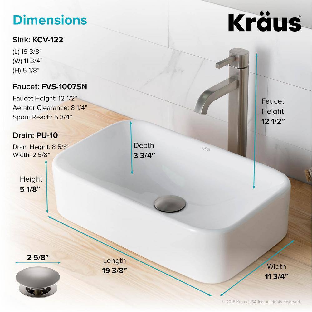 KRAUS White Porcelain Ceramic Rectangular Bathroom Vessel Sink C-KCV-122-1007SN