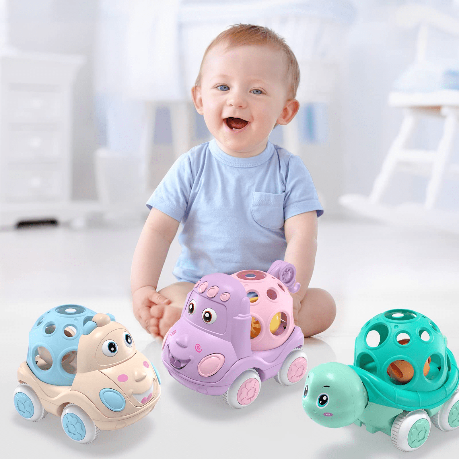 Children's Rattles and Rolling Cars， Baby Car Toys for 6-12 Months， 3 Pieces of Push-Pull Toys with Soft Rubber Rattles (Random Color)