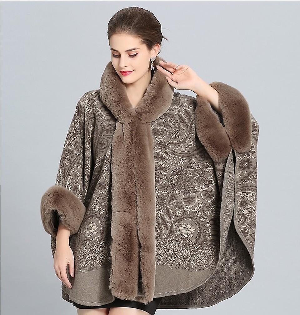 Winter Hooded Poncho With Faux Fur Collar Open Front Cape Warm Cardigant For Women