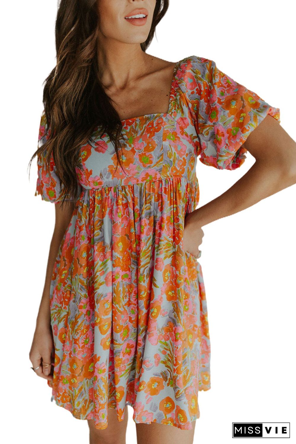 Orange High Waist Square Neck Puff Sleeve Floral Dress