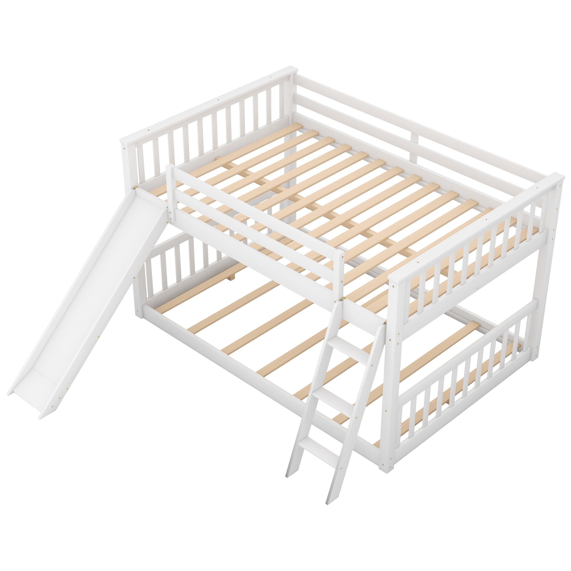 Euroco Full over Full Floor Bunk Bed with Slide and Ladder for Kids Bedroom, White