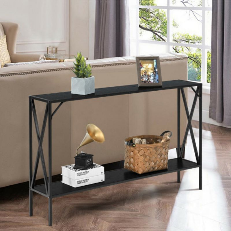 2 Tier Narrow Accent Side Entryway Metal Frame Console Table