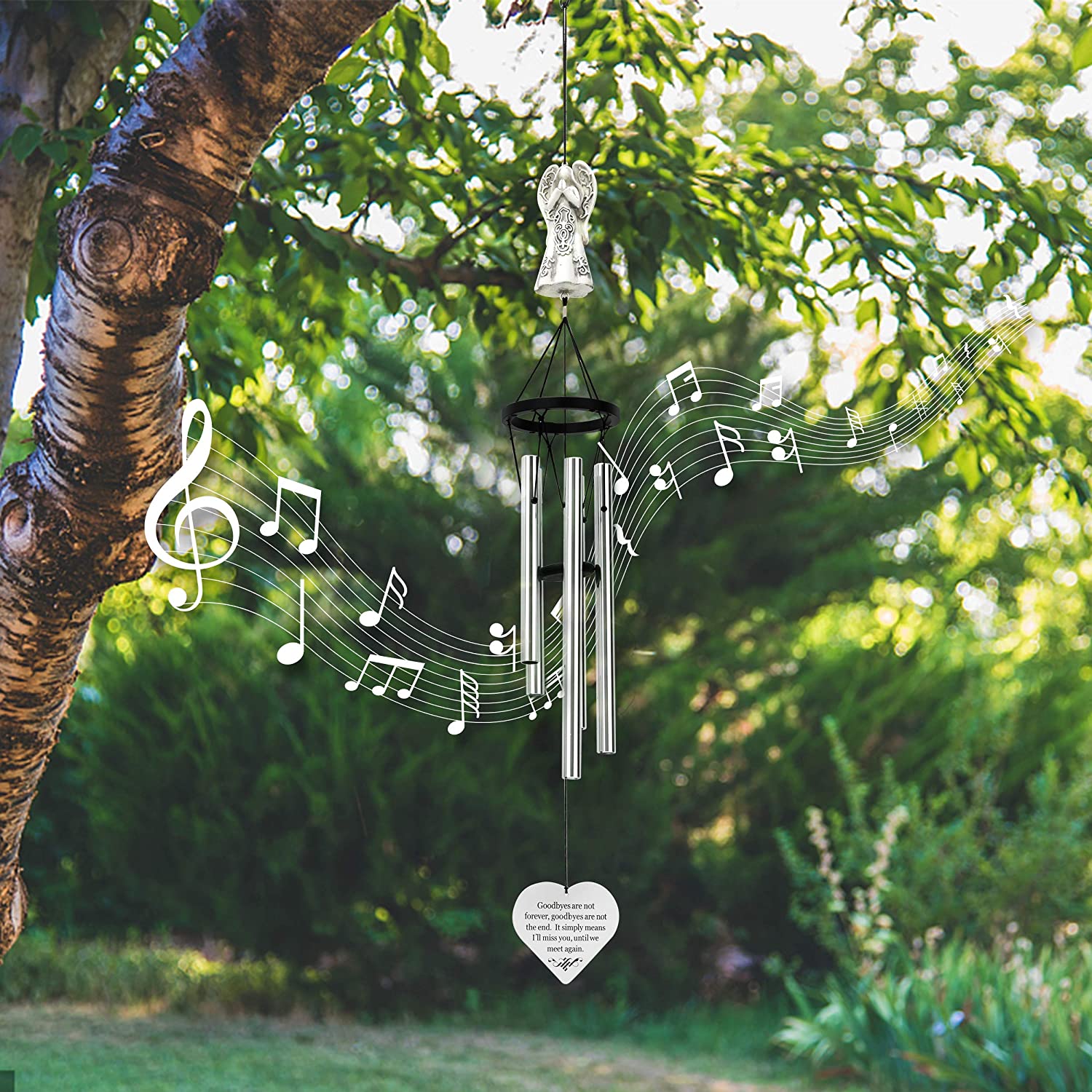 Memorial Wind Chimes with Celtic Angel and Heart - Goodbyes are Not Forever - Sympathy Gifts