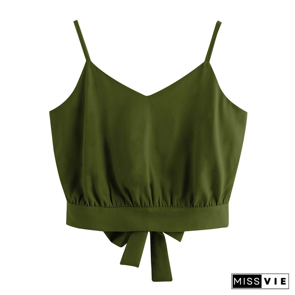 Sexy Tops Womens Tank Top Summer Bow Tie Crop Top Female V Neck Soild Color Camisole Thin Shoulder Strap Womens Tube Top