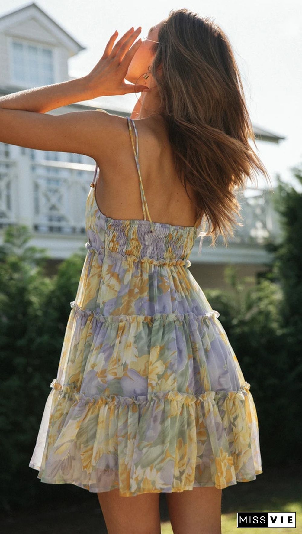 Floral Print Tiered Ruffled Flowy Slip Dress