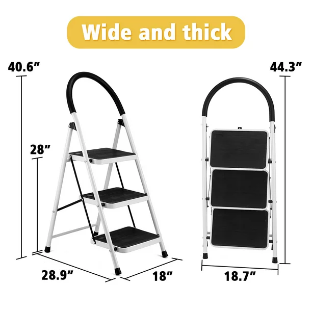 Kingso 3 Step Ladder， Folding Stool With Steel Wide Anti-Slip Pedal And Handgrip