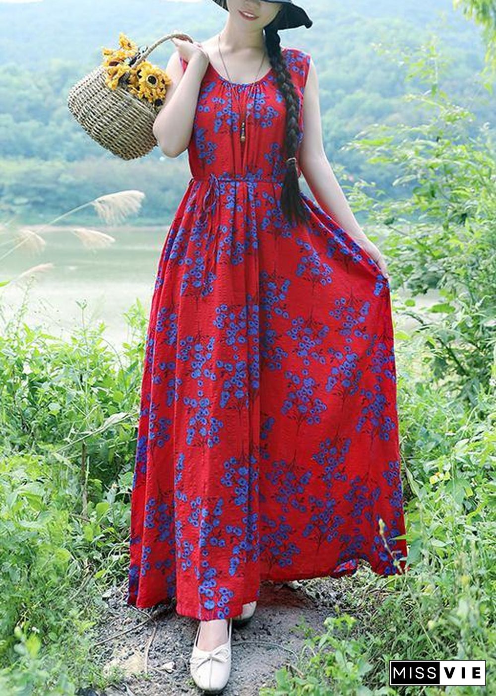 Simple red print linen cotton clothes o neck sleeveless drawstring long summer Dresses