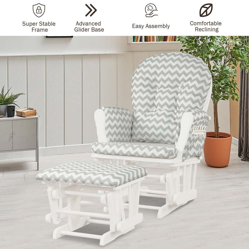 Glider Rocking Chair & Ottoman Set Solid Wood Baby Rocker Nursery Chair With Padded Cushions & Pockets