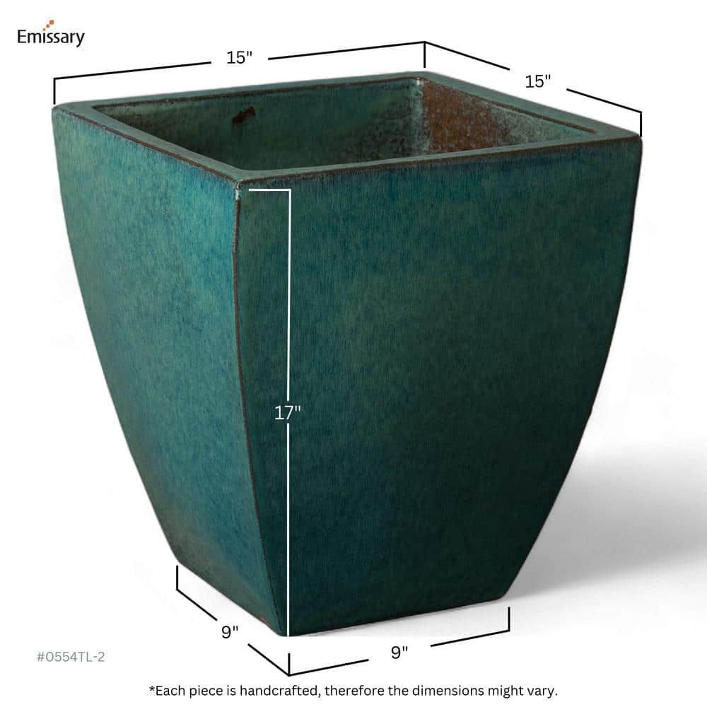 Emissary 15 in. L x 17 in. H Teal Ceramic Square Planter with Drainage Hole 0554TL-2