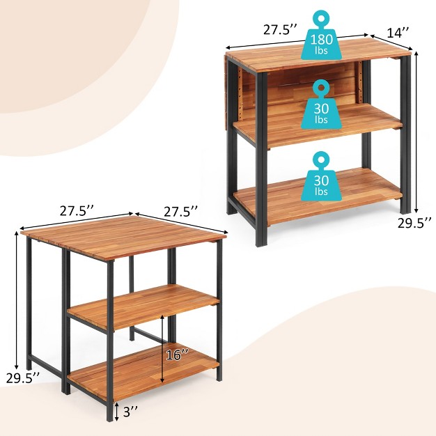 Costway Patio Acacia Wood Folding Dining Table Storage Shelves Garden Deck