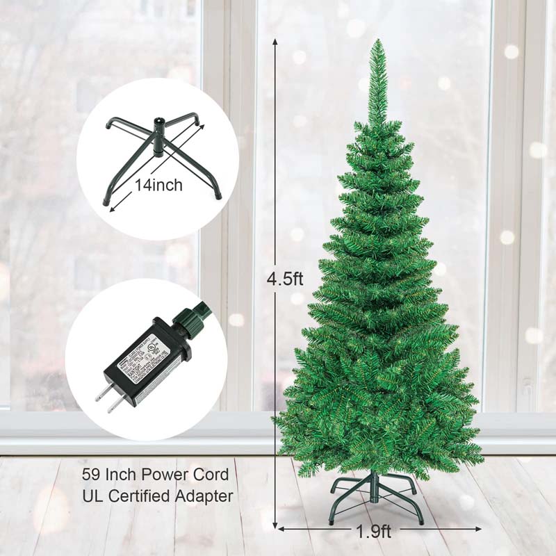 4.5/6.5/7.5FT Pre-Lit Artificial Slim Pencil Christmas Tree with Hinged Branch Tips, LED Lights & Solid Metal Stand