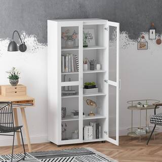 FUFUGAGA 72 in. H x 31.5 in. W White Wood 5-Shelf Accent Bookcase Bookshelf With 2-Door and Adjustable Shelves KF200050-01-cc