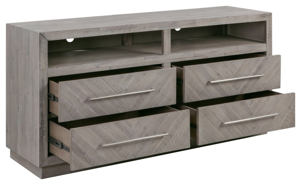 Benzara BM231897 64 Inches Herringbone Pattern 4 Drawer Media Console  Gray   Farmhouse   Entertainment Centers And Tv Stands   by Uber Bazaar  Houzz