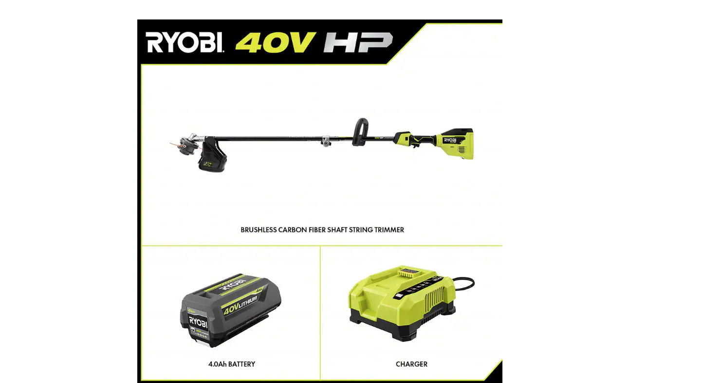 RYOBI RY40290VNM 40V HP Brushless 15 in. Cordless Carbon Fiber Shaft Attachment Capable String Trimmer with 4.0 Ah Battery and Charger