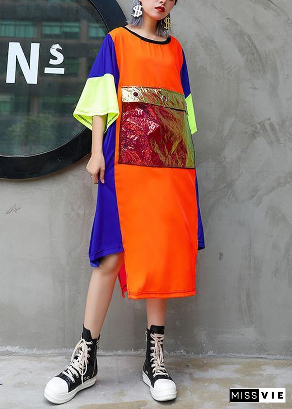 Unique orange blue patchwork chiffon For Women o neck asymmetric Maxi Summer Dress