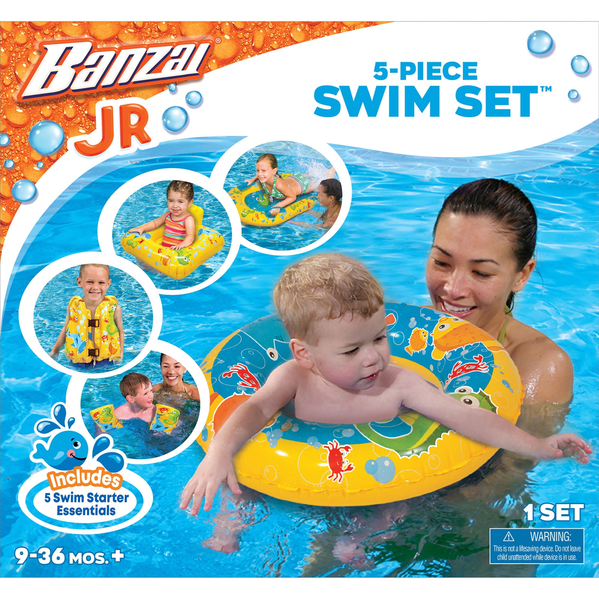 Banzai Jr. 5-Piece Swim Set (Vest, Arm Floats, Swim Ring, Pool Seat, Kick Board) Ages 9-36 Months