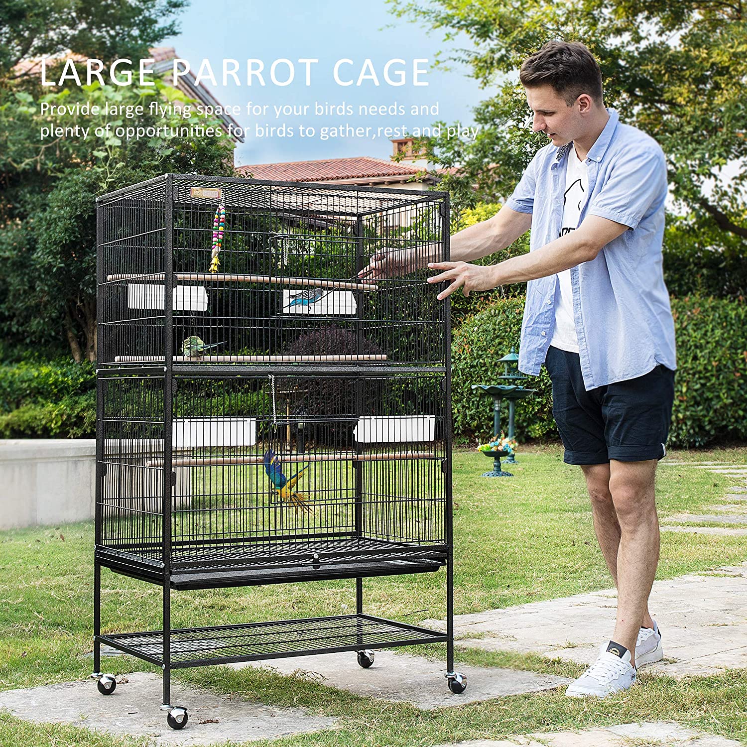 VIVOHOME 53 Inch Wrought Iron Large Bird Cage with Rolling Stand for Parrots Conures Lovebird Cockatiel Parakeets