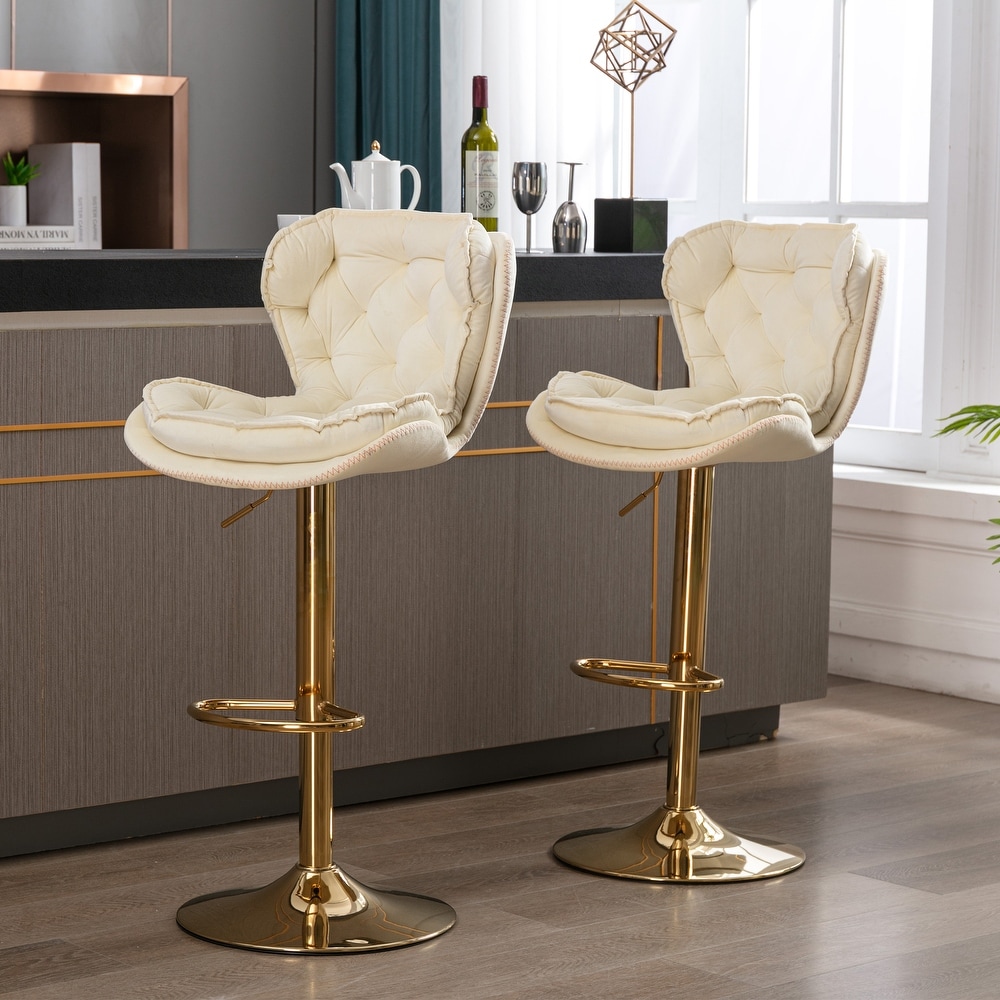 Set of 2 Bar Stools with Chrome Footrest and Base Swivel Height Adjustable