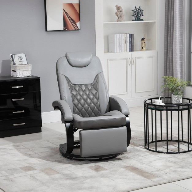 Homcom Pu Recliner Reading Armchair With Footrest Headrest And Round Steel wood Base For Living Room Or Office Gray