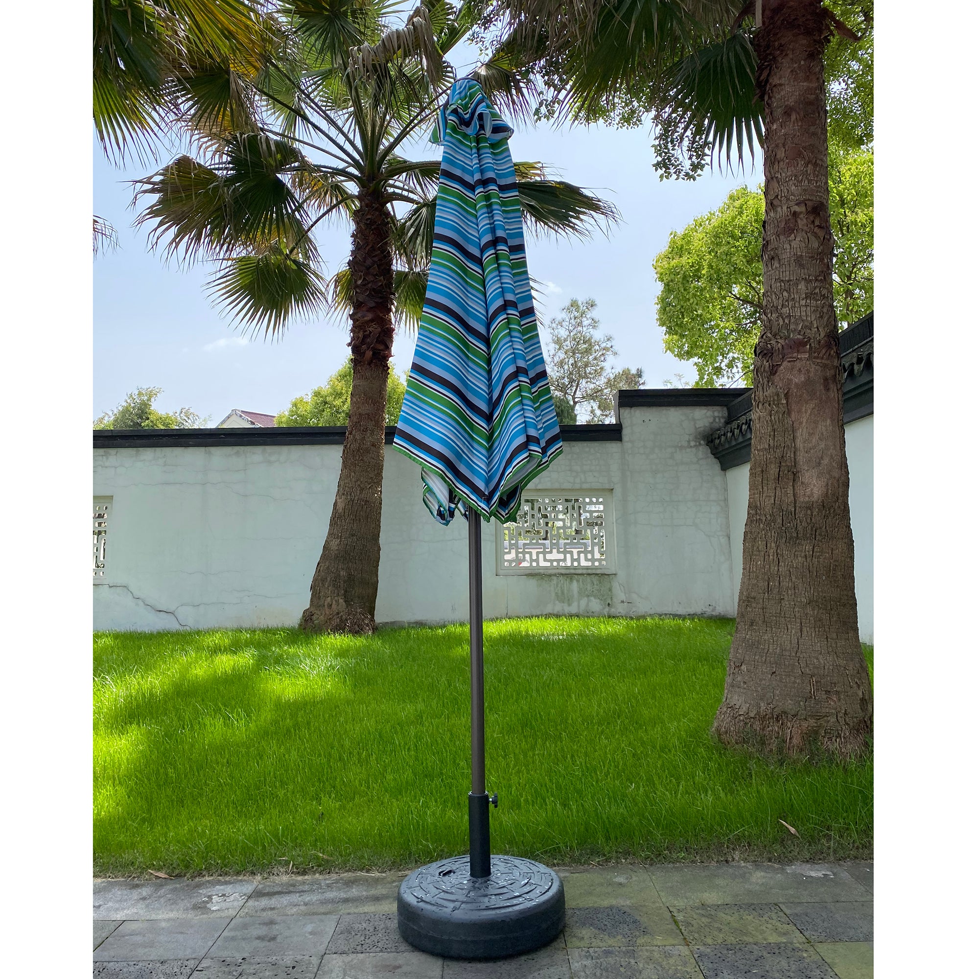 Tomshoo Outdoor Patio 8.6-Feet Market Table Umbrella with Push Button Tilt and Crank, Blue Stripes[Umbrella Base is not Included]