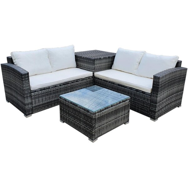 4 Piece Outdoor Sectional Sofa Set， Rattan Patio Set with Large Storage Box/ End Table and Glass table - Overstock - 35086846