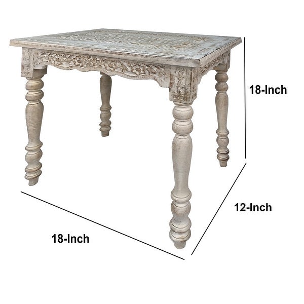 Wooden Side Table with Carved Rectangular Top and Turned Legs， Antique White