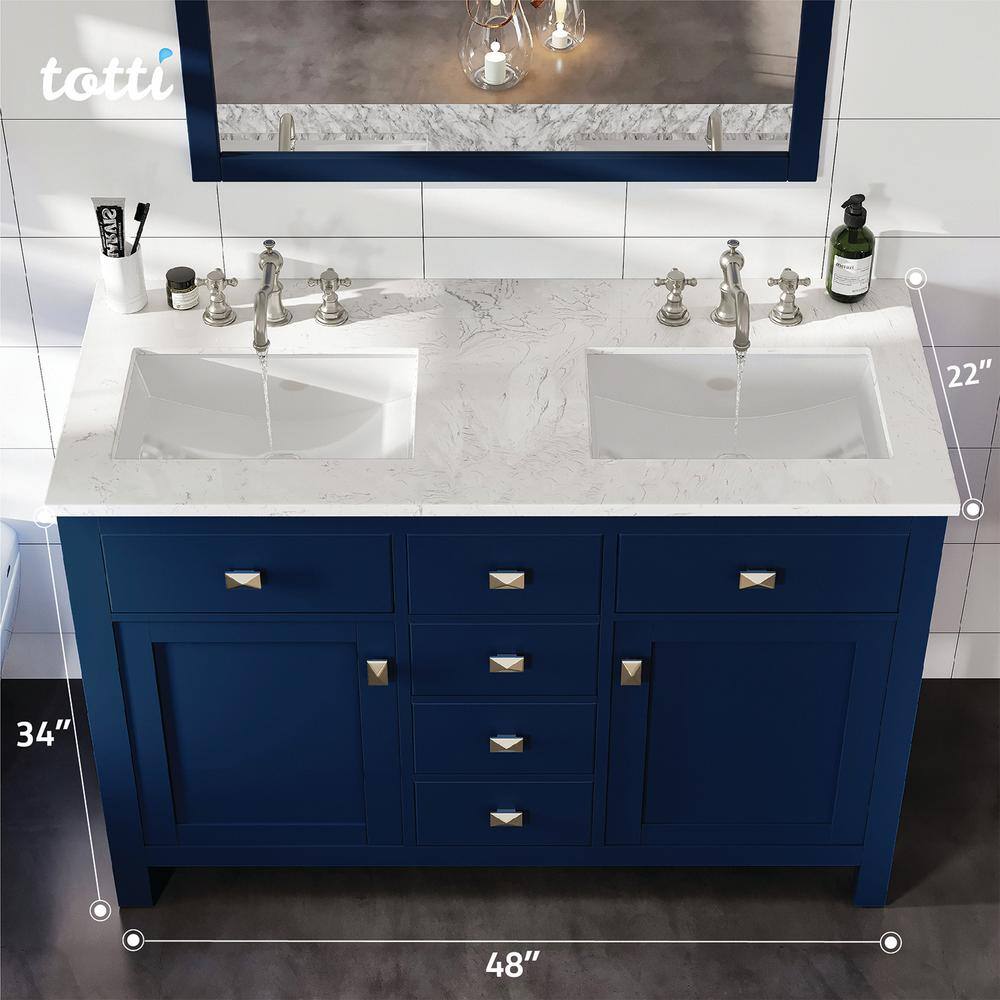 Eviva Artemis 48 in. W x 22 in. D x 33.7 in. H Bath Vanity in Blue with Carrara Marble Vanity Top in White with Double Sinks TVN313-48BLU-DS