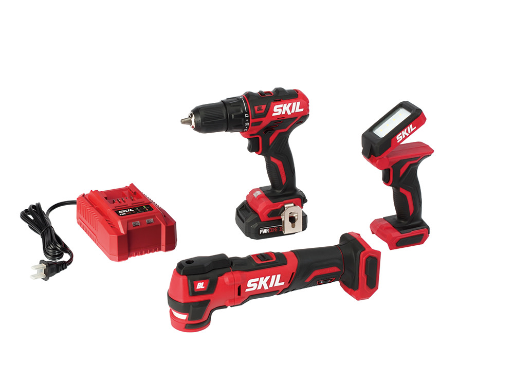 SKIL 3-Tool Kit: PWRCore 12 Brushless 12V 1/2 Inch Cordless Drill Driver， Oscillating MultiTool and Area Light， Includes 2.0Ah Lithium Battery and Standard Charger