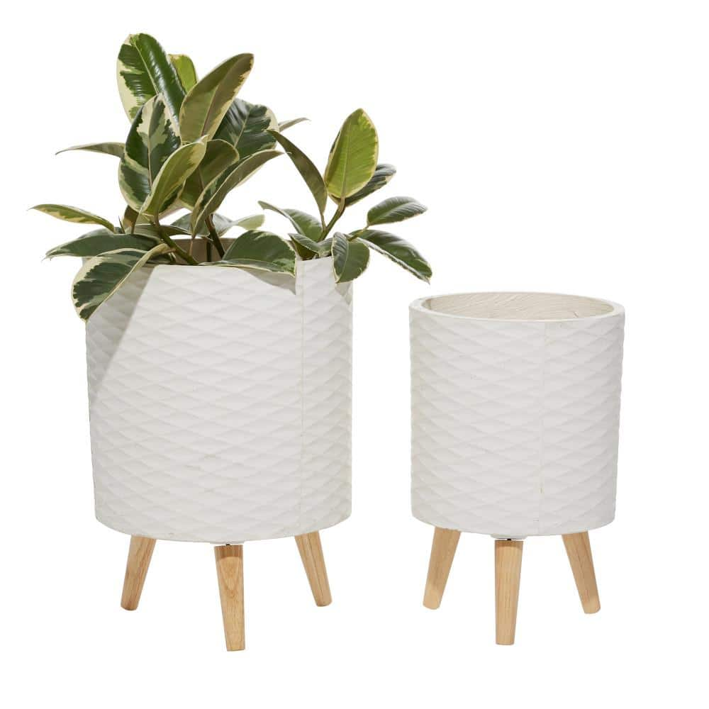 Litton Lane 14 in. and 16 in. White Textured Round Fiberclay Planters (Set of 2) 46500