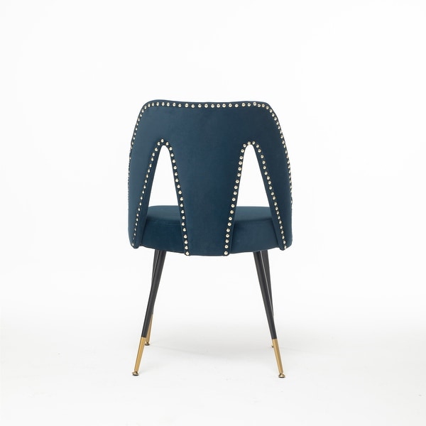 Contemporary Velvet Upholstered Dining Chair with Nailheads and Gold Tipped Black Metal Legs Set of 2