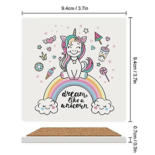 Colourlife Square Drink Coasters 4 Pcs Cute Unicorn On Rainbow Absorbent Ceramic Coffee Coasters For Drinks With Cork Base Housewarming Gift For Home