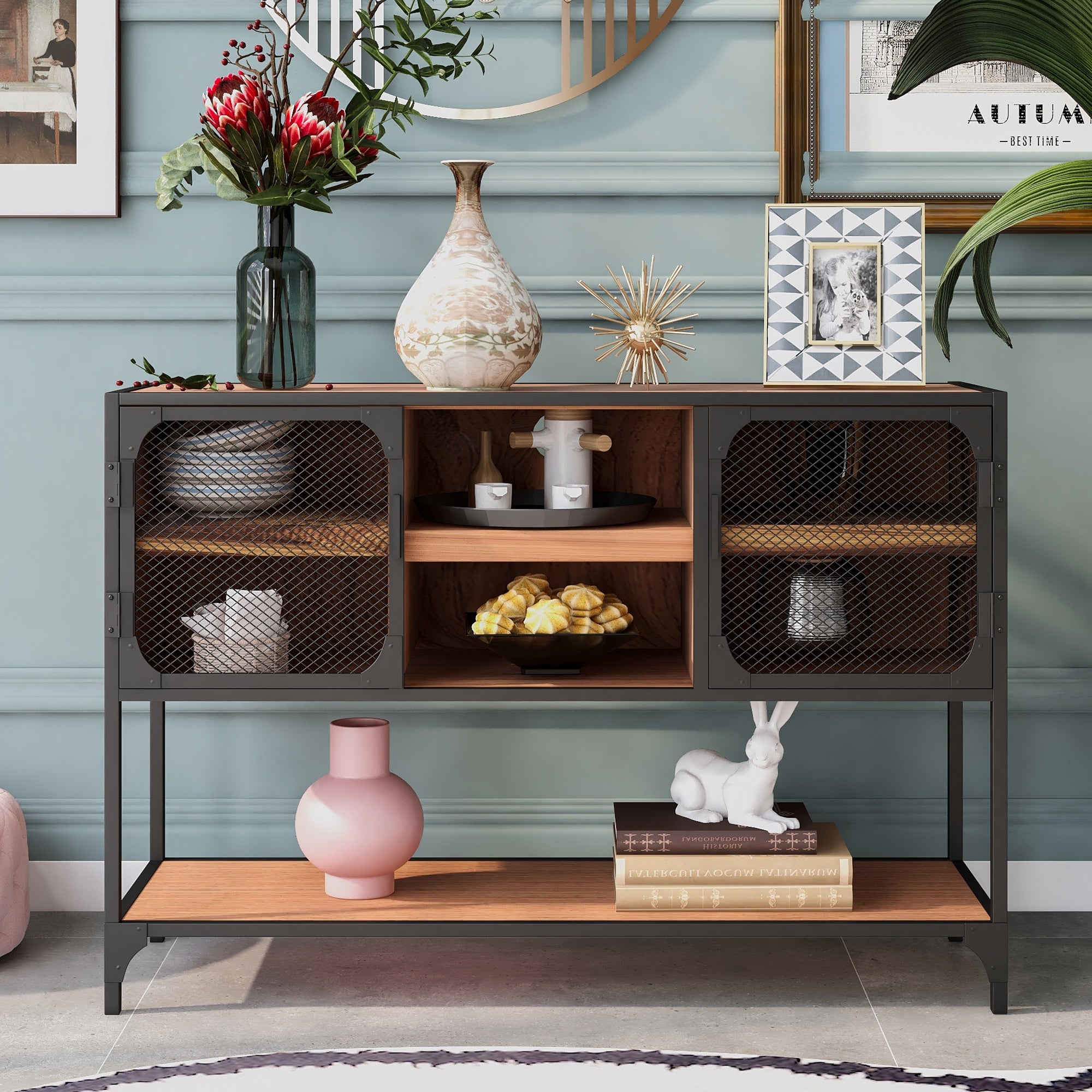 48 in. Barnwood Rectangle Wood Console Table with Metal Grid Door and 3 Thicken Shelves