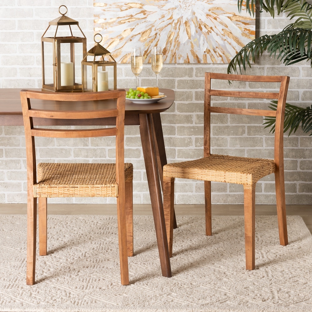 Arthur Mid Century Mahogany Wood/ Natural Rattan Dining Chair Set(2PC)