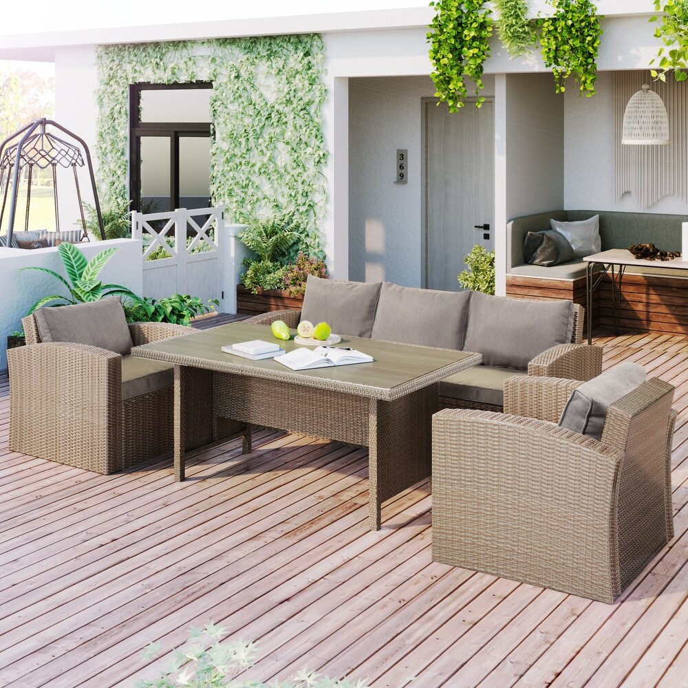 4 Piece Outdoor Patio Furniture Set  PE Rattan Wicker Sofa Set Conversation Set with Soft Seat Cushions and Center Table