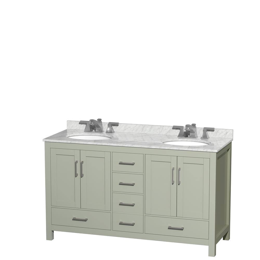 Wyndham Collection Sheffield 60 in. W x 22 in. D x 35 in . H Double Bath Vanity in Light Green with White Carrara Marble Top WCS141460DLGCMUNOMXX