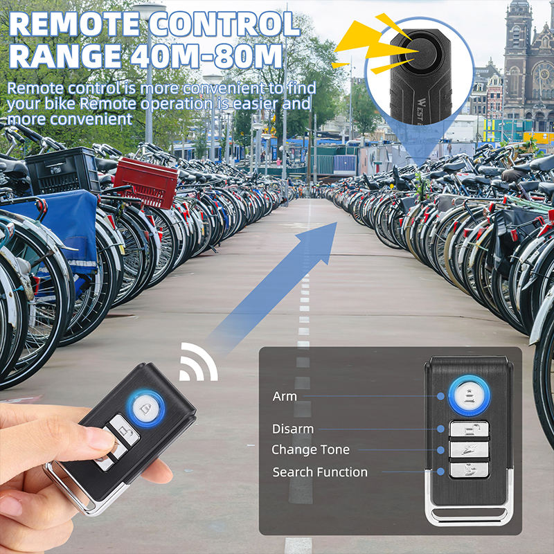 WEST BIKING Anti Theft Alarm Remote Control Cycling Bicycle IP55 Waterproof 3 AAA Batteries 113db Loud Volume Alarm Bike Alarm