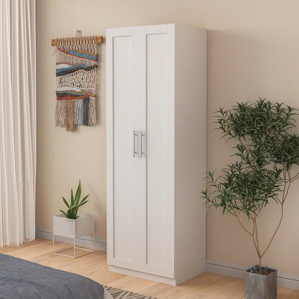 Wood High Wardrobe Cabinet with 4 Storage Spaces and 2 Doors - - 36394683