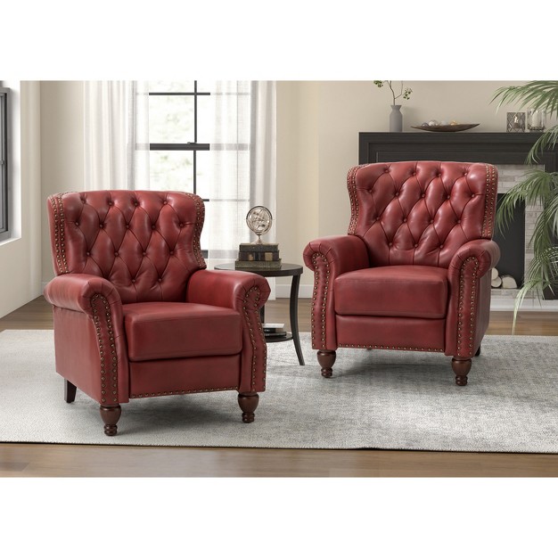 Set Of 2 Justine Transitiona Wooden Upholstery Genuine Leather Recliner With Nailhead Trim For Living Room And Bedroom Artful Living Design