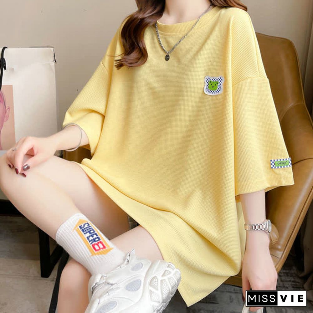 Loose Bear Embroidery Waffle Round Collar T-Shirt